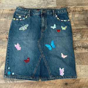 Vintage Y2K Appliqué Butterfly Rosette Aeropostale Denim Skirt Size 9/10